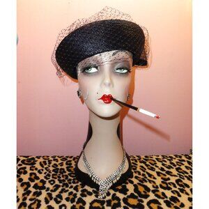 Vintage Deborah Dark Navy Blue Pillbox Hat w/ Veil and Bow church Kentucky derby